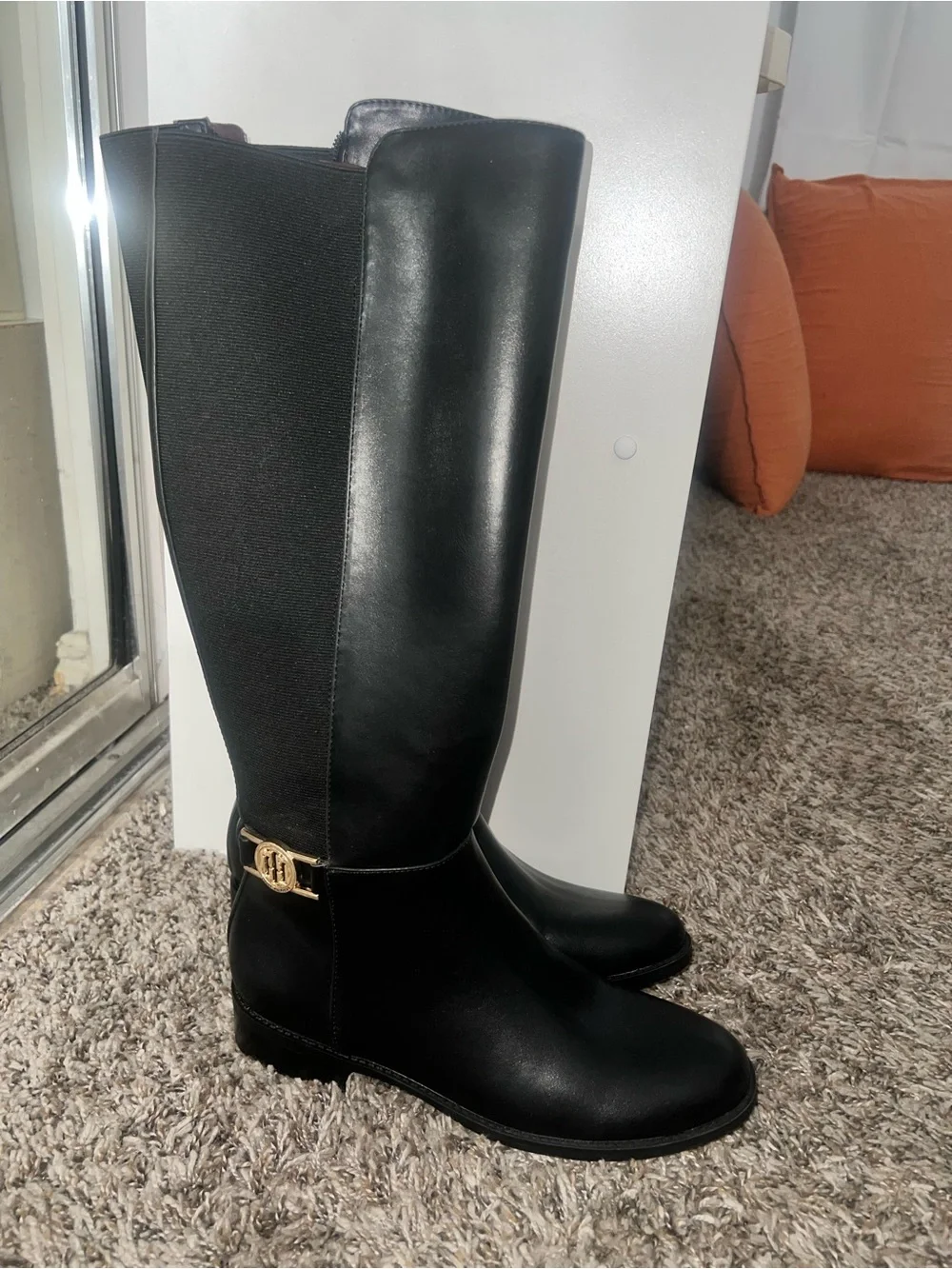 Black Knee-High Women's Riding Boots with Gold Accent *** FLASHH SALEEE***